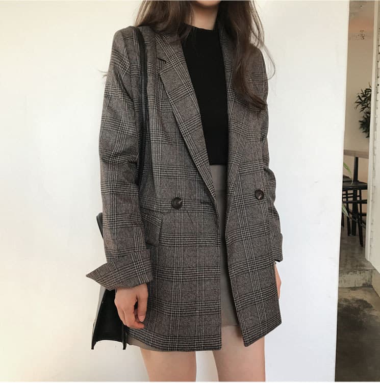 大人かわいい服 グレンチェック柄ダブルボタンロング丈テーラードジャケット