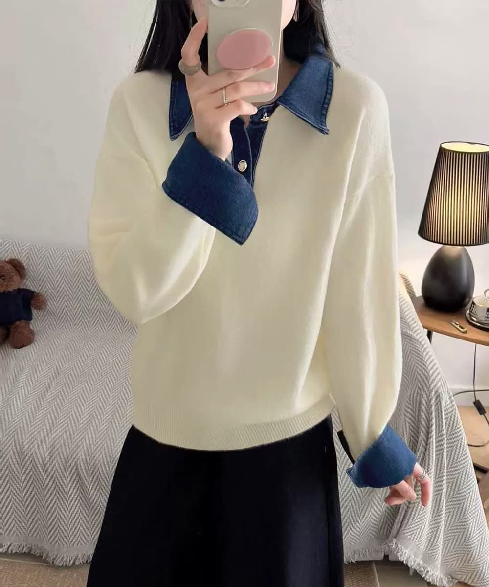 大人かわいい服 デニム切り替えレイヤード風ニットポロ