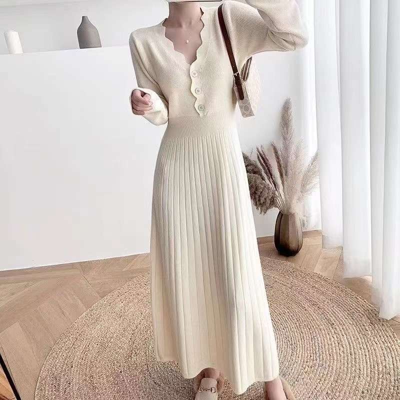大人かわいい服 美シルエット プリーツニットロングワンピース