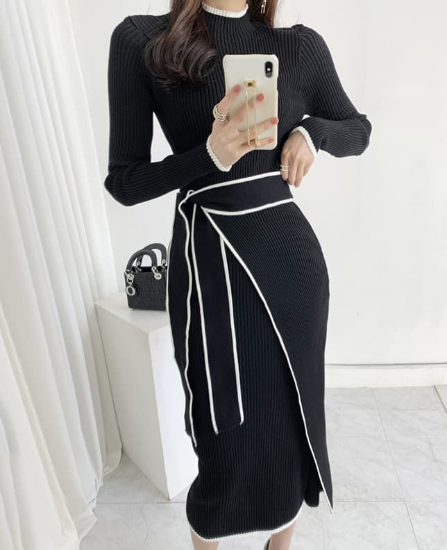 大人かわいい服 配色パイピングリボン付きリブニットワンピース