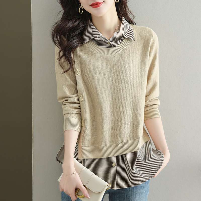 大人かわいい服 襟付き レイヤード風ニットプルオーバー