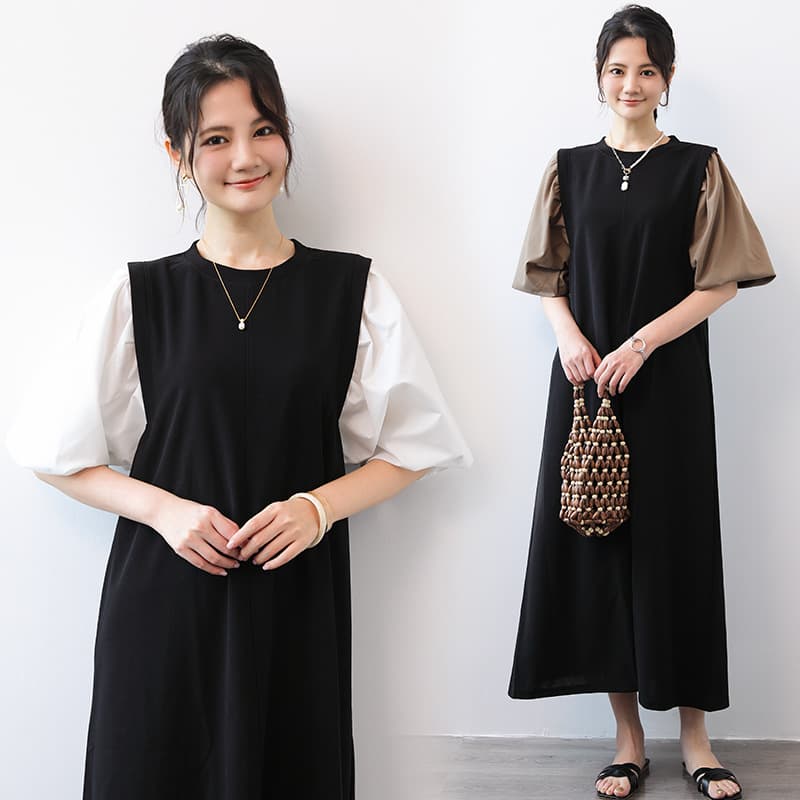 大人かわいい服 異素材パフスリーブ切替ミディ丈ワンピース