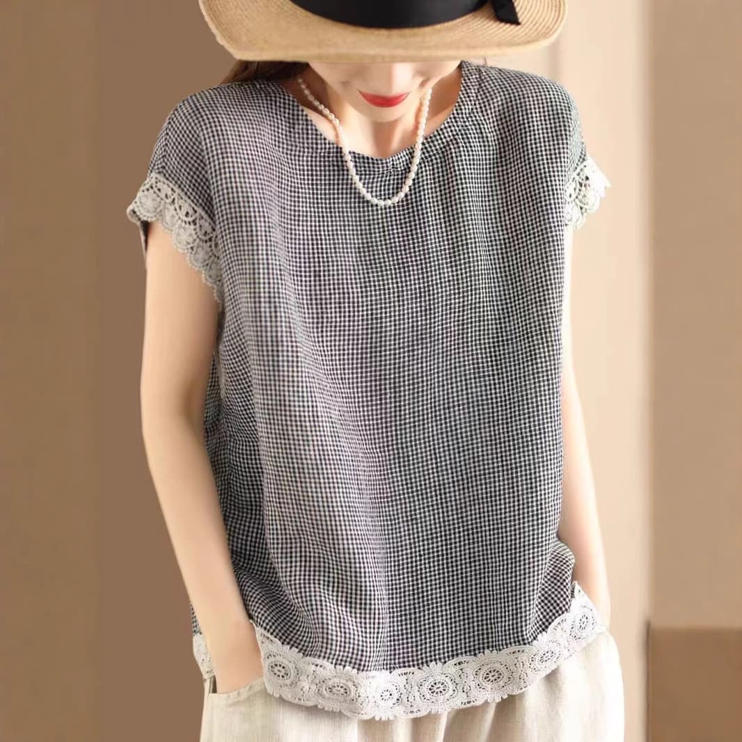 大人かわいい服 レース縁取りリネン風ゆったりブラウス