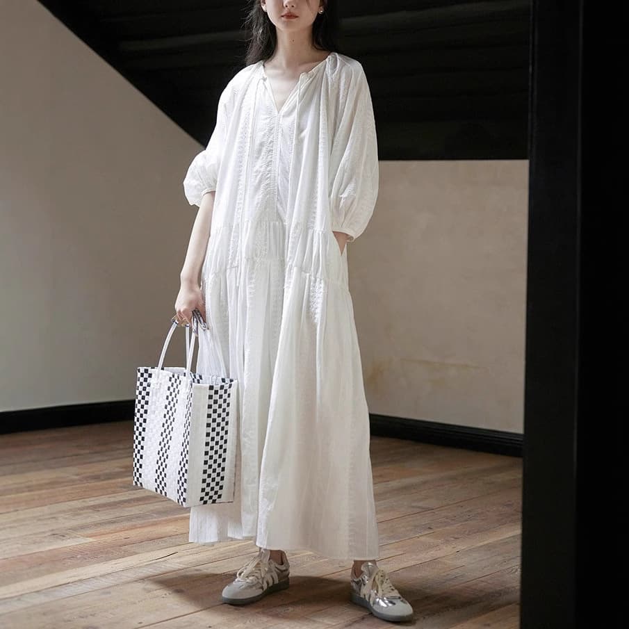 大人かわいい服 フレンチシックリボン＆ギャザーロングワンピース