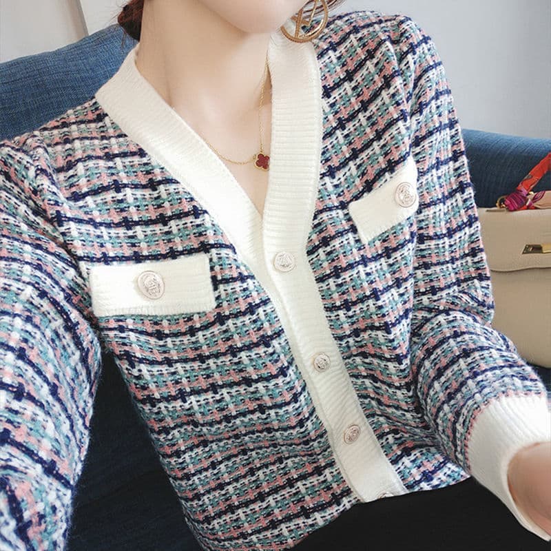 大人かわいい服 チェック柄ニットカーディガン