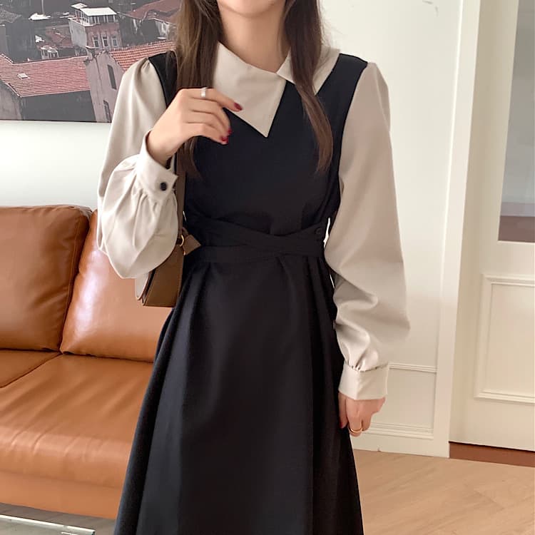 大人かわいい服 フレンチスタイル 配色襟レイヤード風ワンピース