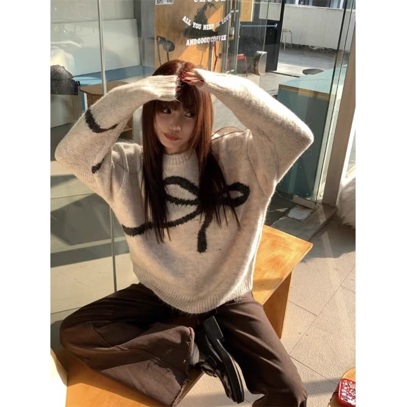 大人かわいい服 リボンデザインモヘア混ゆったりニットセーター