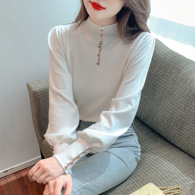 大人かわいい服 柔らか素材のスタンドカラートップス