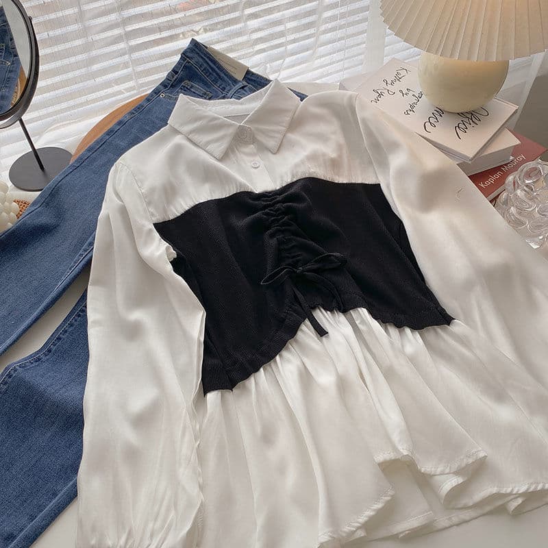 大人かわいい服 ビスチェレイヤード風シャツブラウス