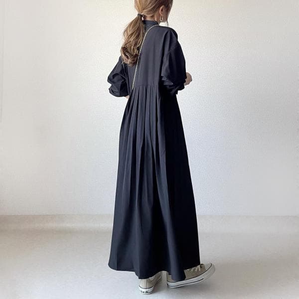 大人かわいい服 丸襟ボタン留めゆったりロングワンピース