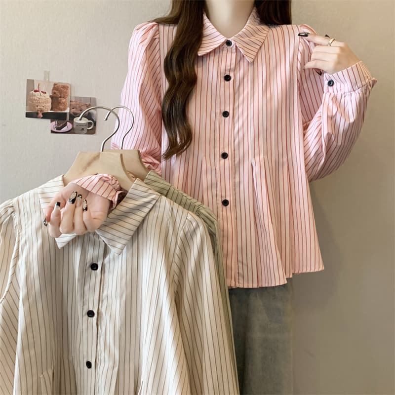 大人かわいい服 ストライプギャザー フレアブラウス