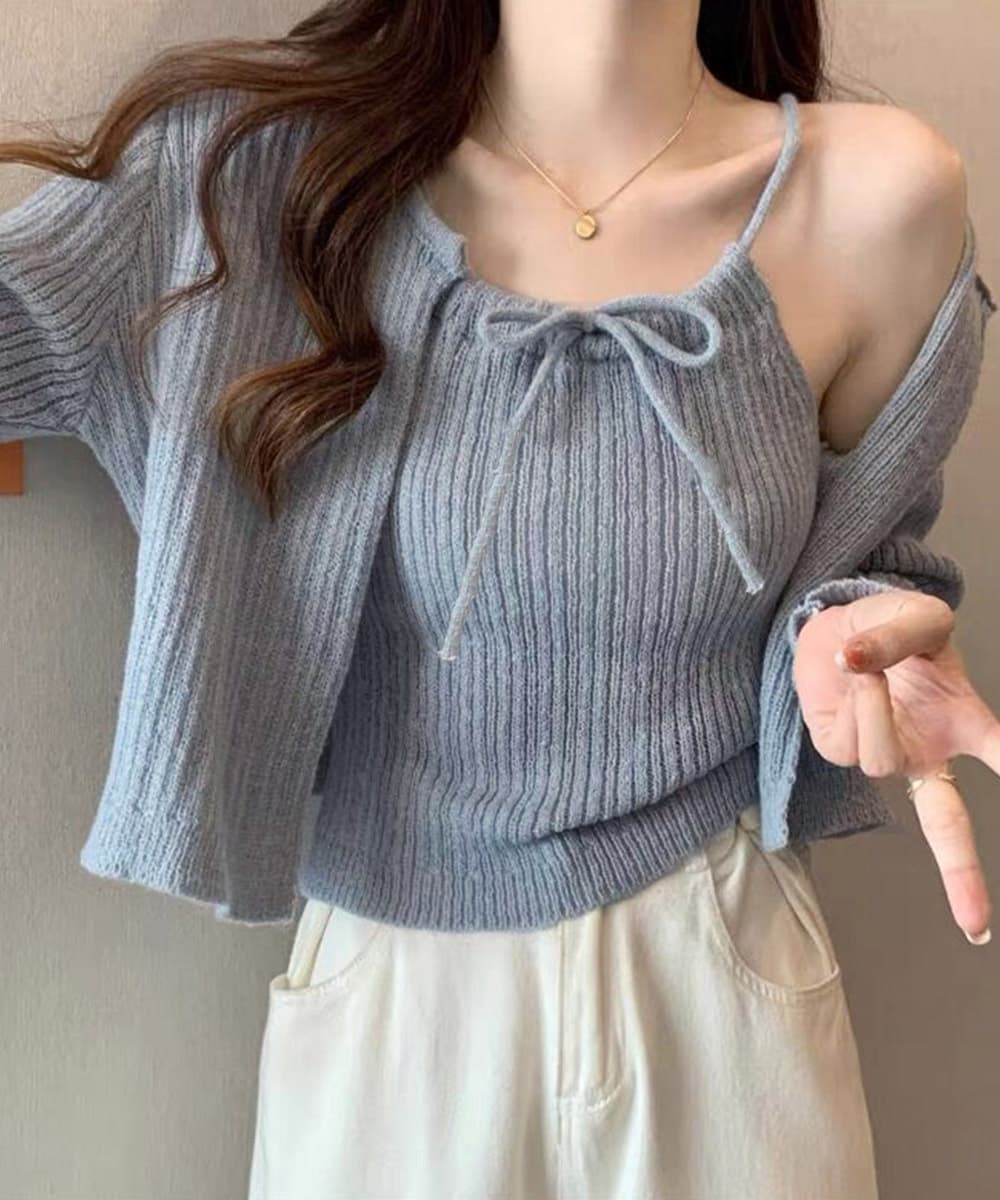 大人かわいい服 韓国風リボンニットカーディガンキャミソール二点セットトップス