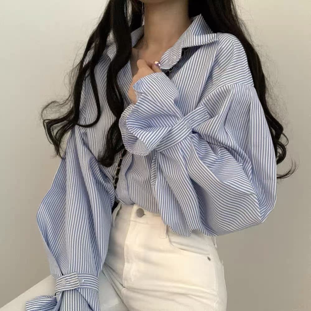 大人かわいい服 バルーンスリーブストライプシャツ
