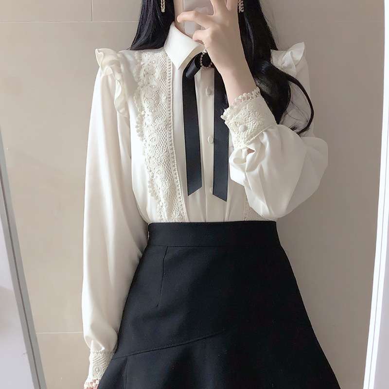 大人かわいい服 レース襟 リボンブラウス