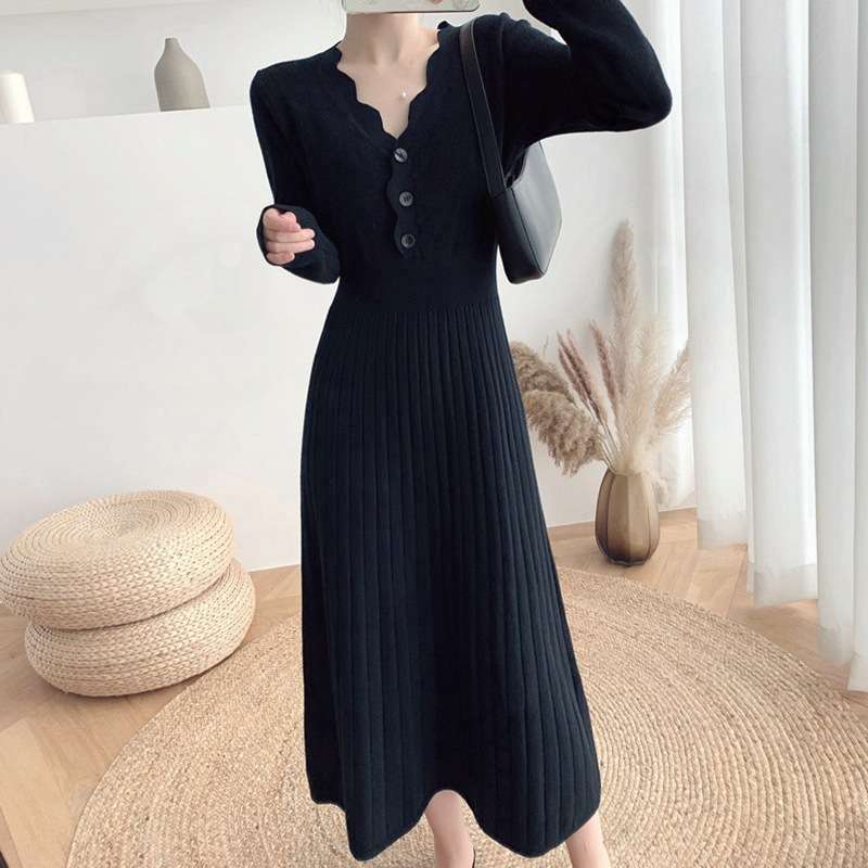 大人かわいい服 美シルエット プリーツニットロングワンピース
