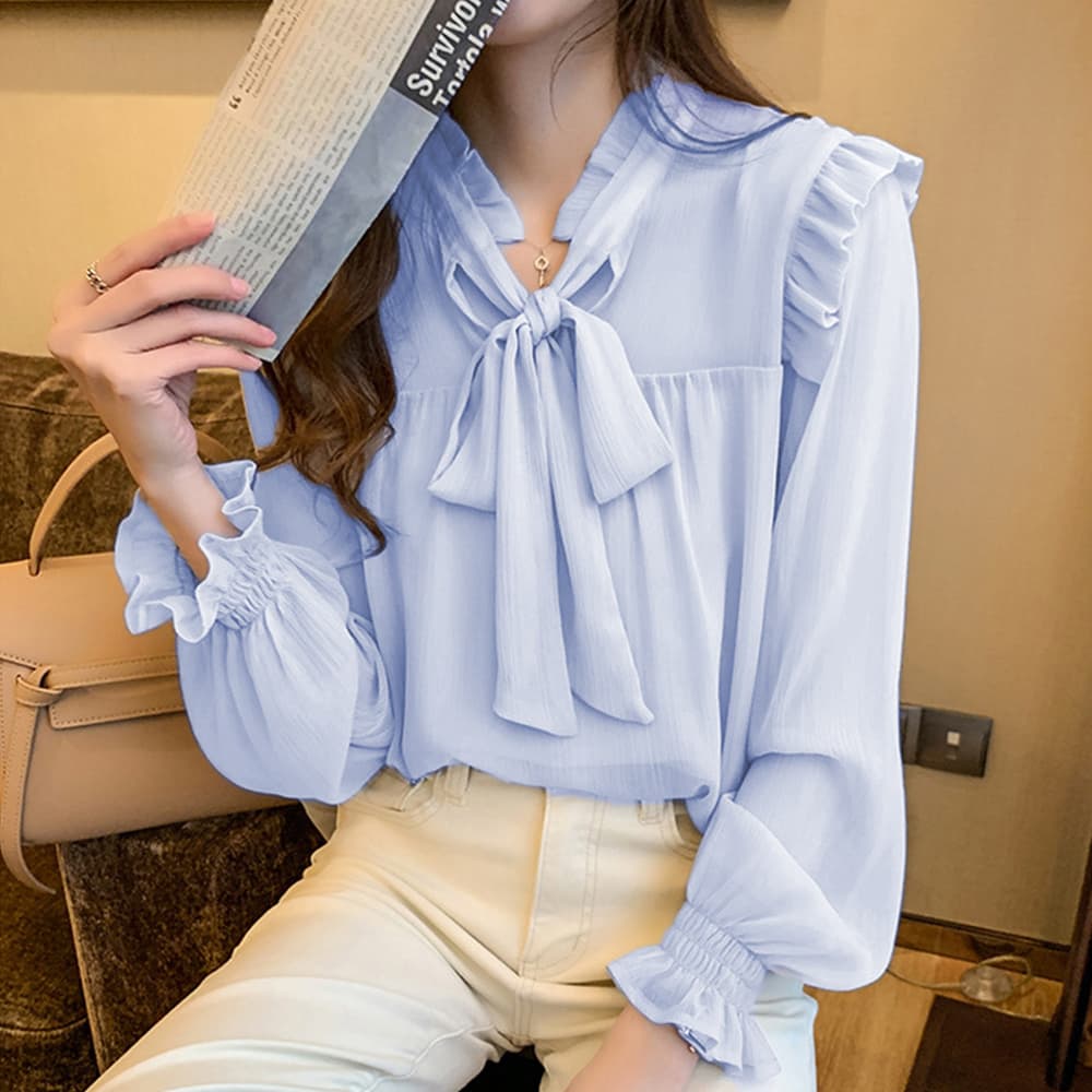 大人かわいい服 フリルリボン シアートップス 長袖ブラウス