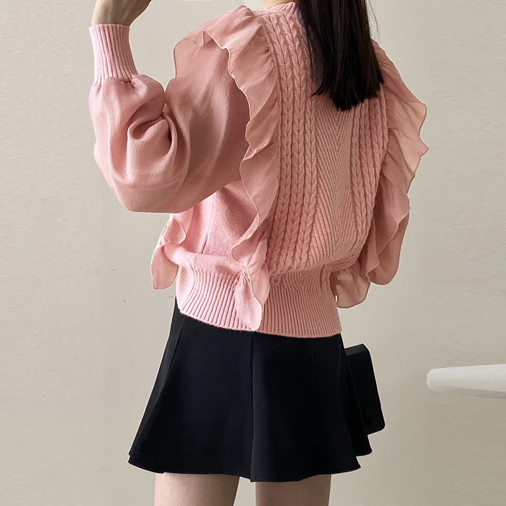 大人かわいい服 フリル袖リブニットトップス 上品フェミニン