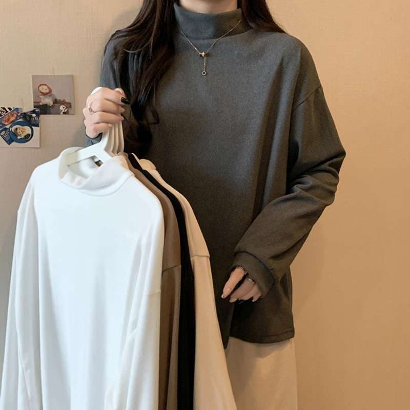 大人かわいい服 上品モックネックゆったりプルオーバー