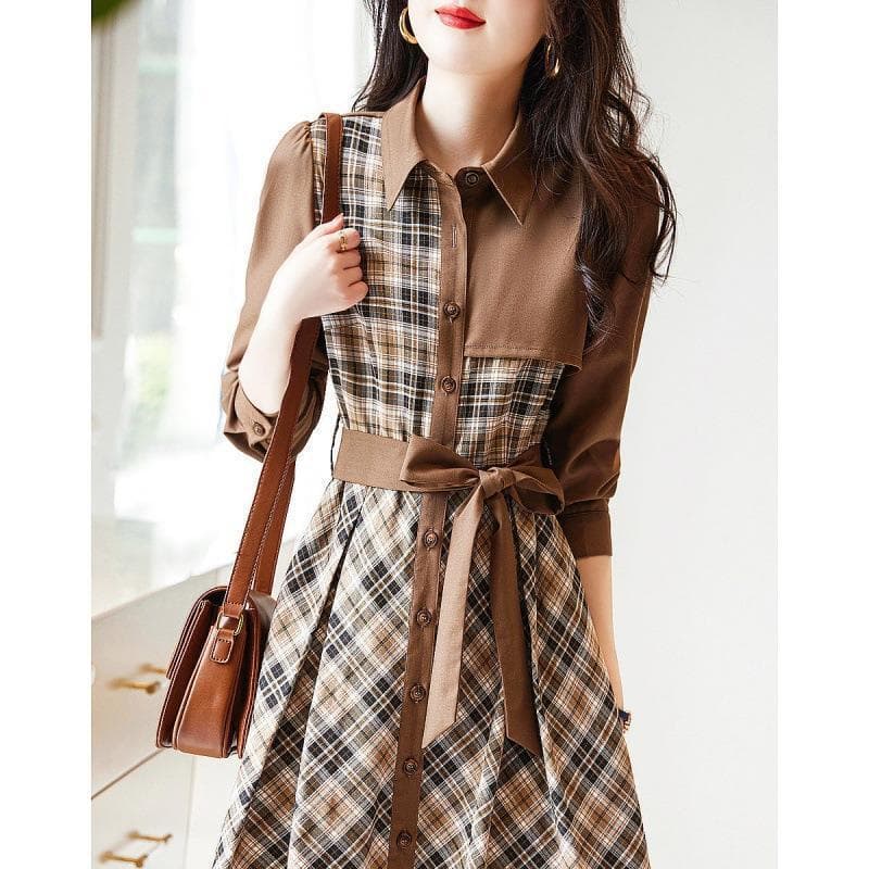 大人かわいい服 チェック柄 切替シャツワンピース