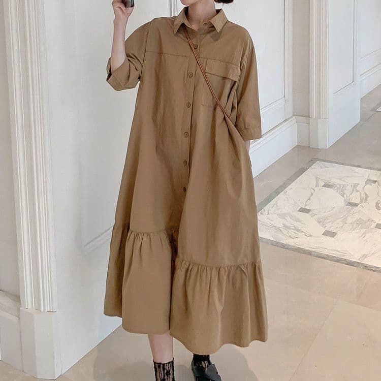 大人かわいい服 ゆったりシルエット ギャザーシャツワンピース