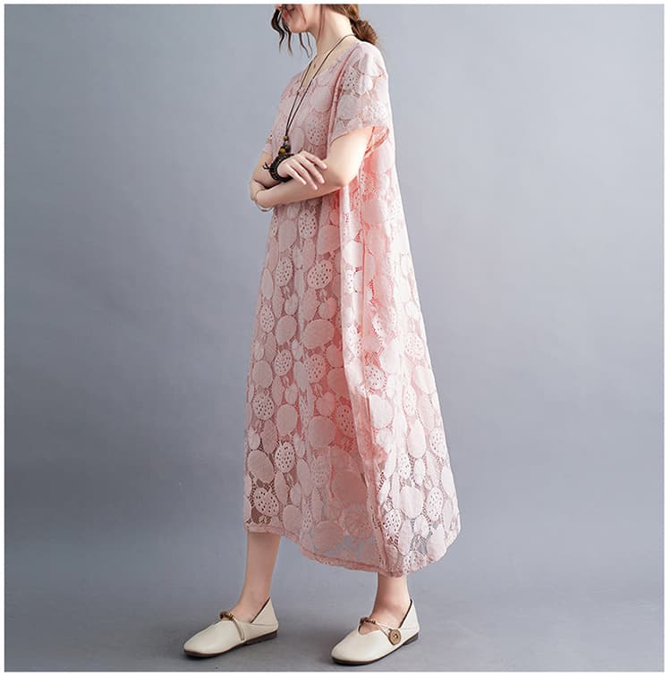 大人かわいい服 花模様レース透かしゆったりワンピース