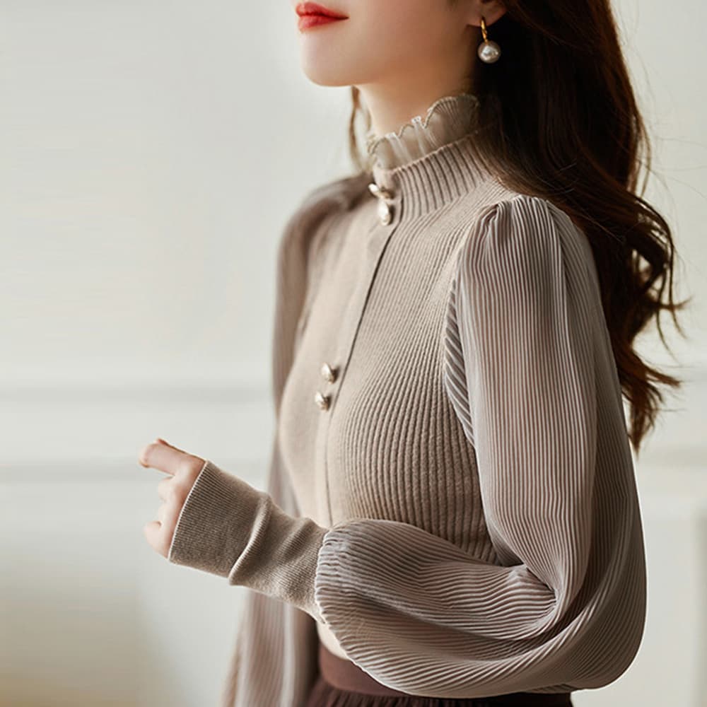 大人かわいい服 フリル襟 パフスリーブ リブニットトップス