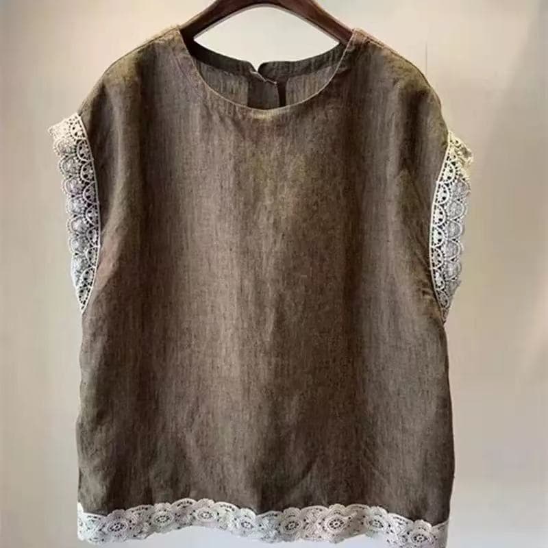 大人かわいい服 レース縁取りリネン風ゆったりブラウス