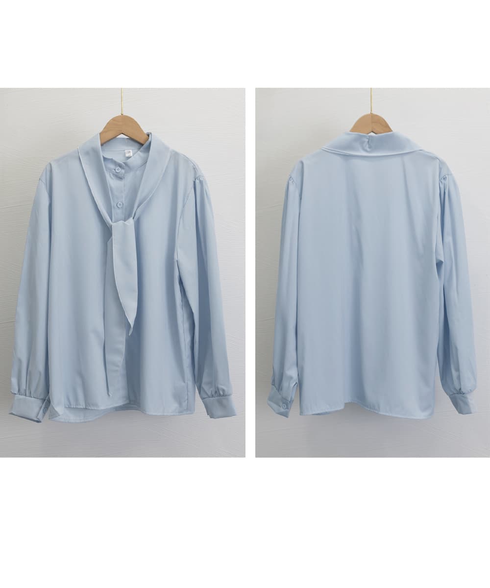 大人かわいい服 立ち襟リボン付きトップス 上品ブラウス