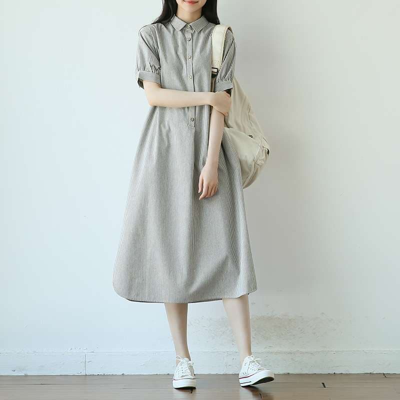 大人かわいい服 上品ストライプシャツワンピース