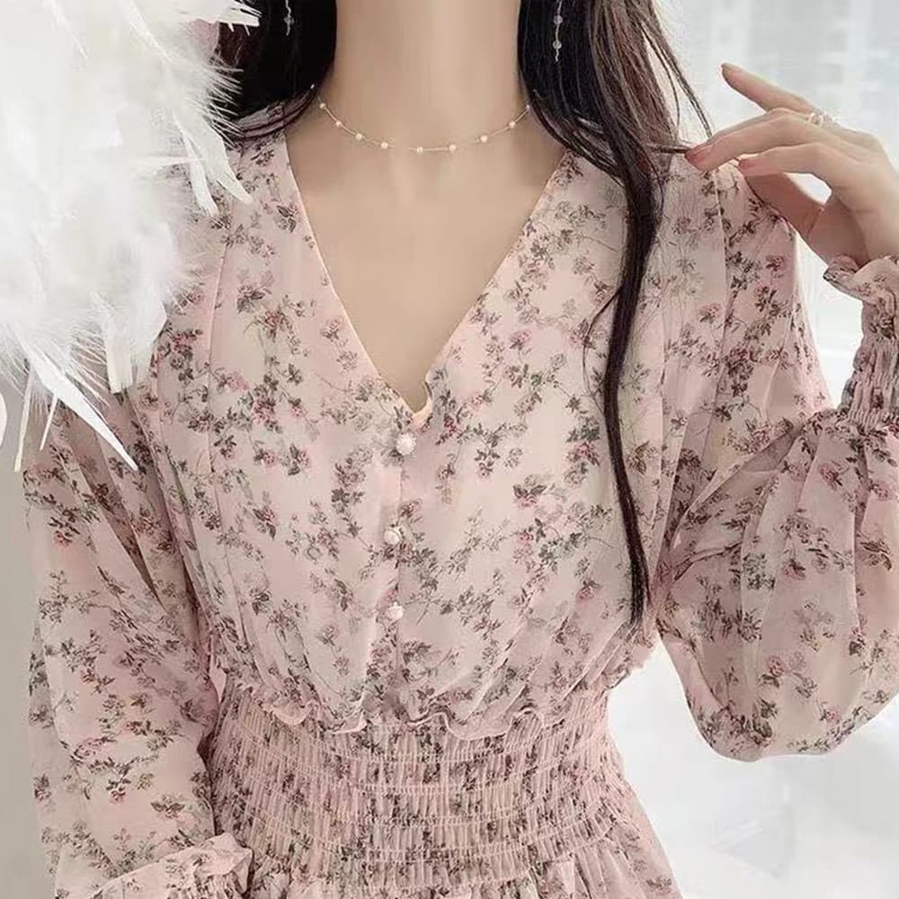 大人かわいい服 花柄シャーリングウエスト ロングワンピース