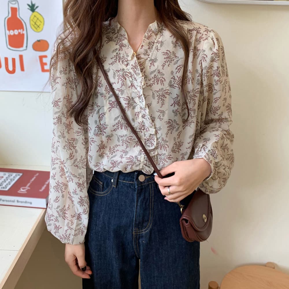 大人かわいい服 上品フリル 花柄シースルートップス