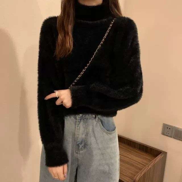 大人かわいい服 ふわふわモコモコ高襟ニットセーター