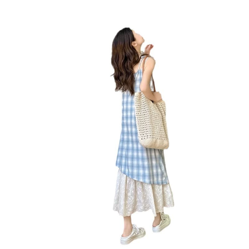 大人かわいい服 チェック柄キャミソールレース切替ワンピース