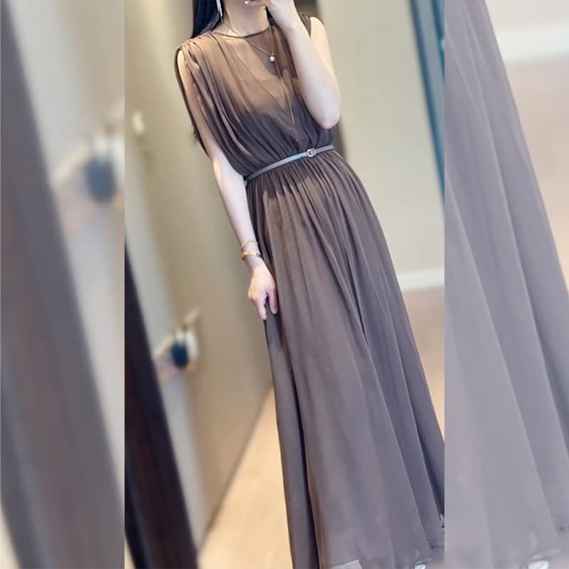 大人かわいい服 優美シフォン プリーツロングワンピ