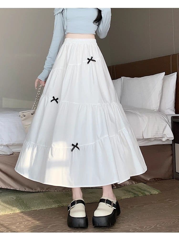 大人かわいい服 小さなリボン ティアード ロングスカート