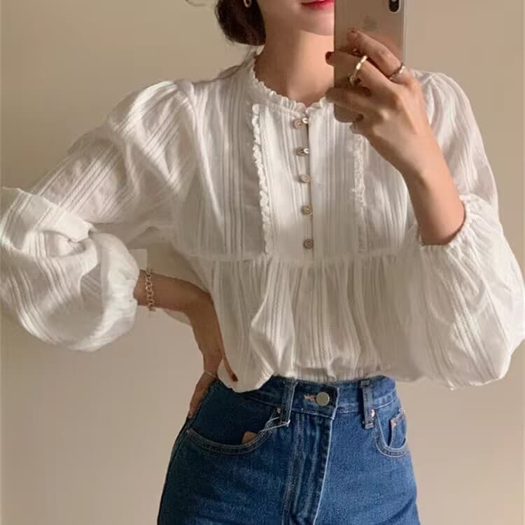 大人かわいい服 フリルネック楊柳ボリューム袖ブラウス