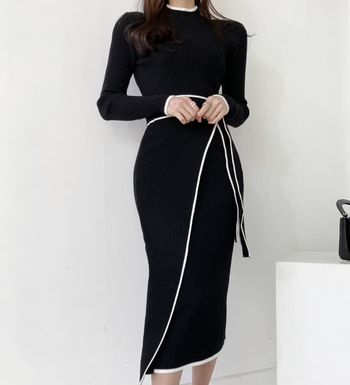 大人かわいい服 配色パイピングリボン付きリブニットワンピース