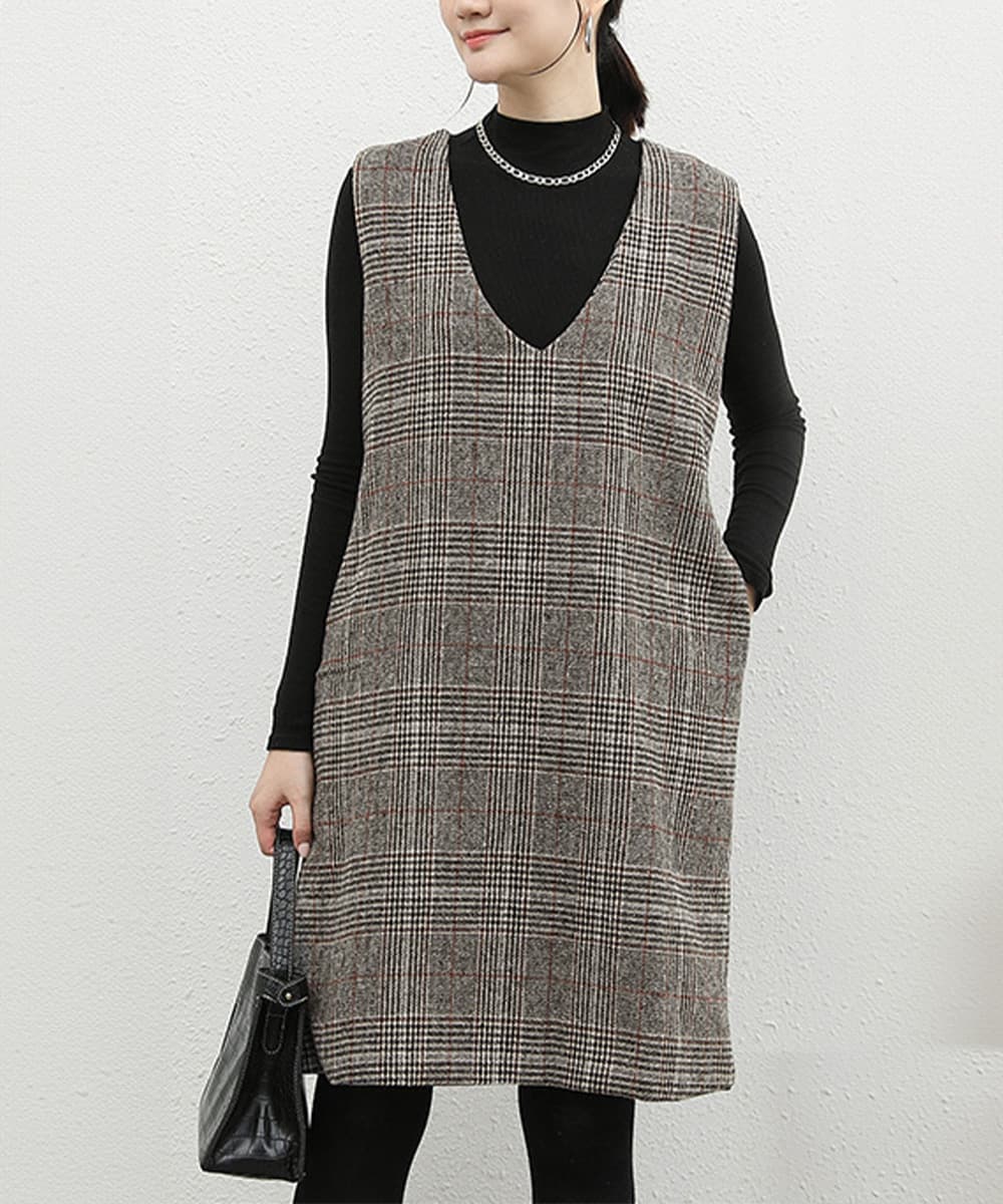 大人かわいい服 大人チェック柄 サイドスリット ジャンパースカートワンピース