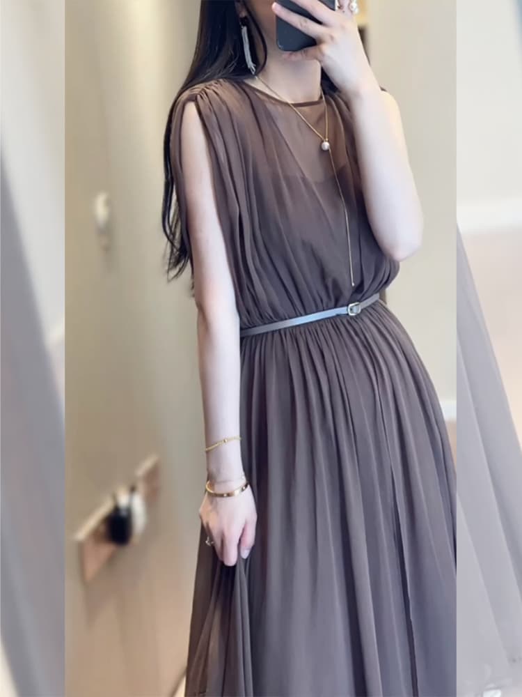 大人かわいい服 優美シフォン プリーツロングワンピ