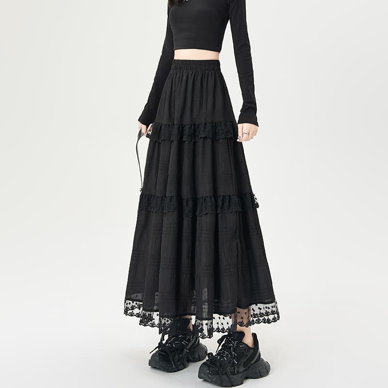 大人かわいい服 レースが揺れる ティアードロングスカート