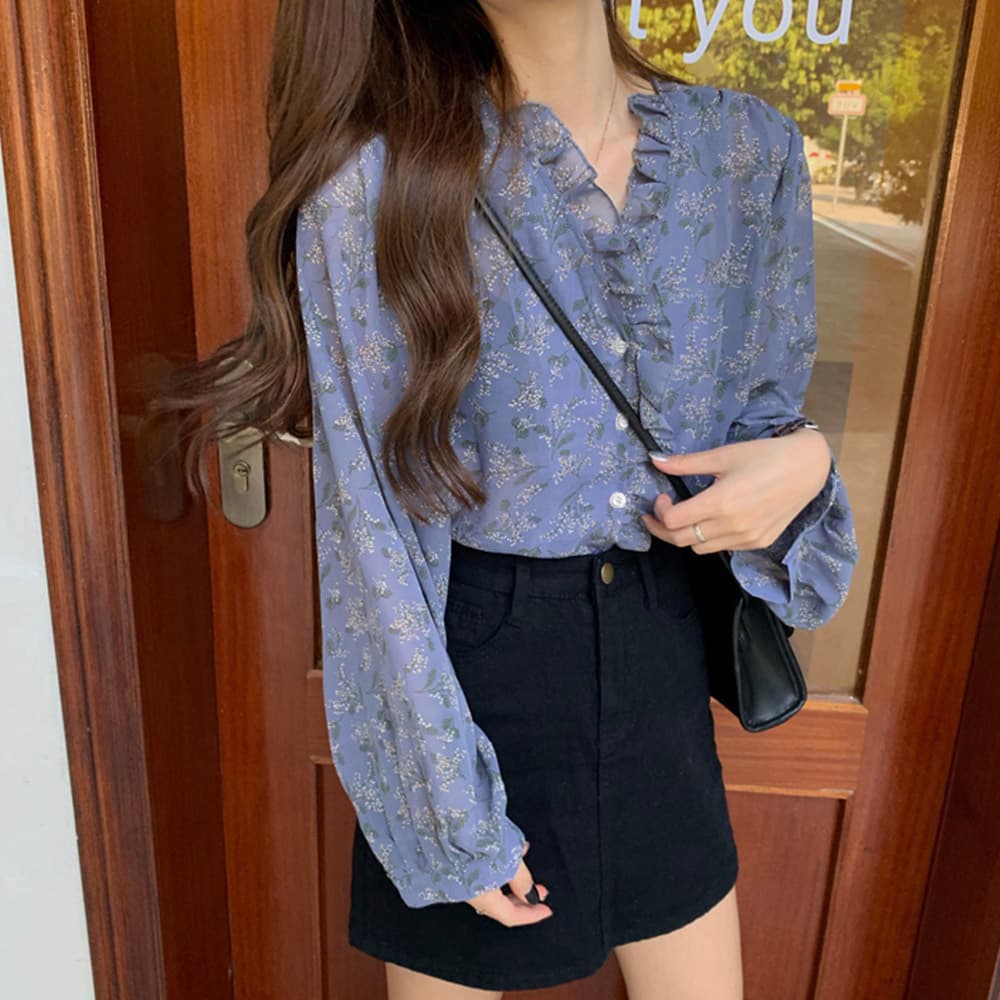 大人かわいい服 上品フリル 花柄シースルートップス