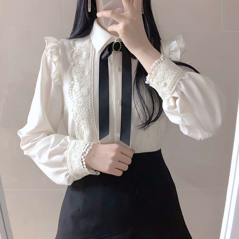 大人かわいい服 レース襟 リボンブラウス