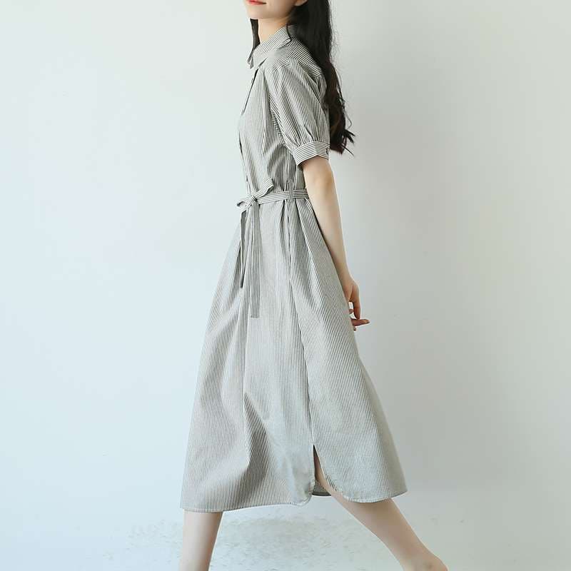 大人かわいい服 上品ストライプシャツワンピース