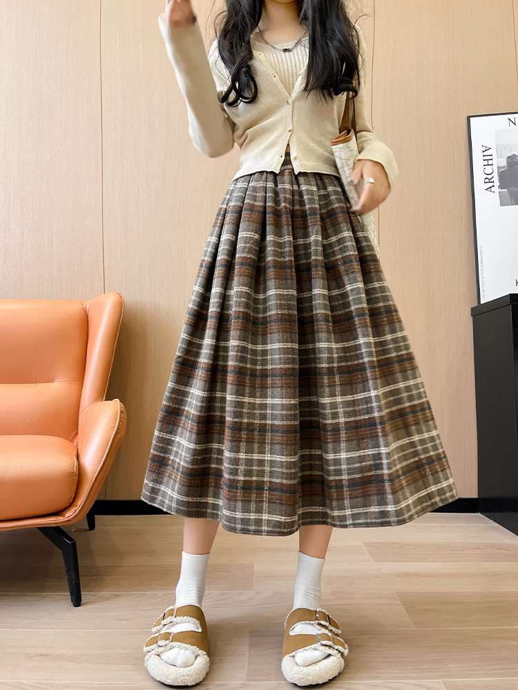 大人かわいい服 ウール混チェック柄プリーツスカート