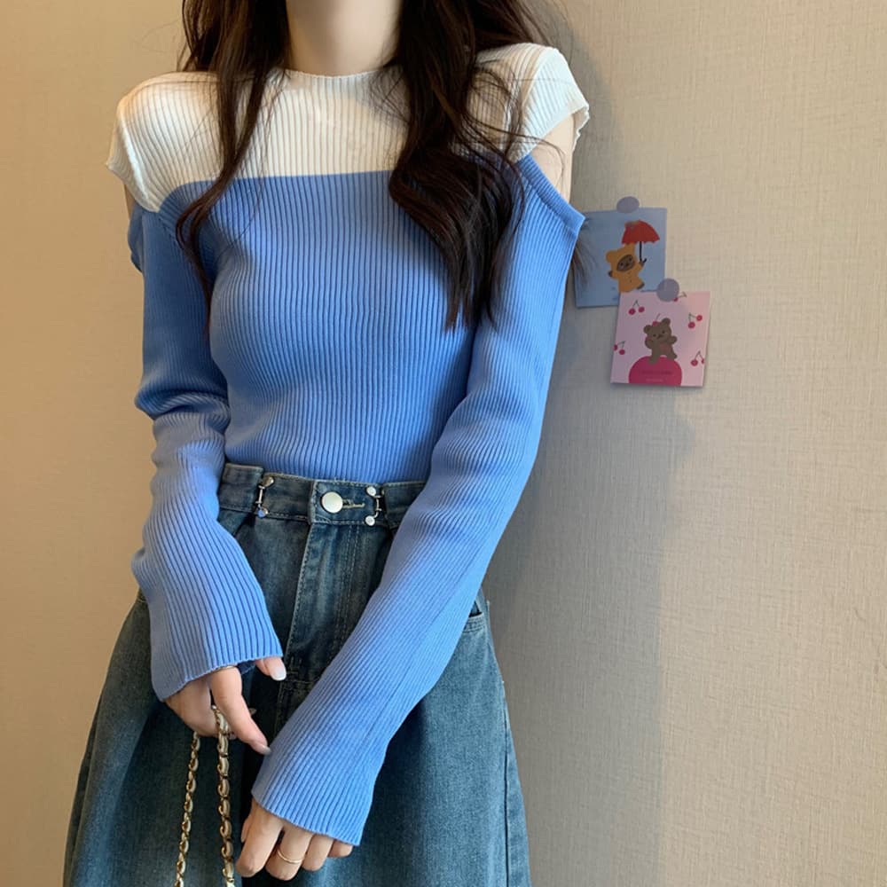 大人かわいい服 肩見せバイカラーリブニットトップス