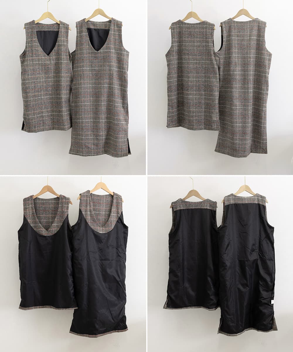 大人かわいい服 大人チェック柄 サイドスリット ジャンパースカートワンピース