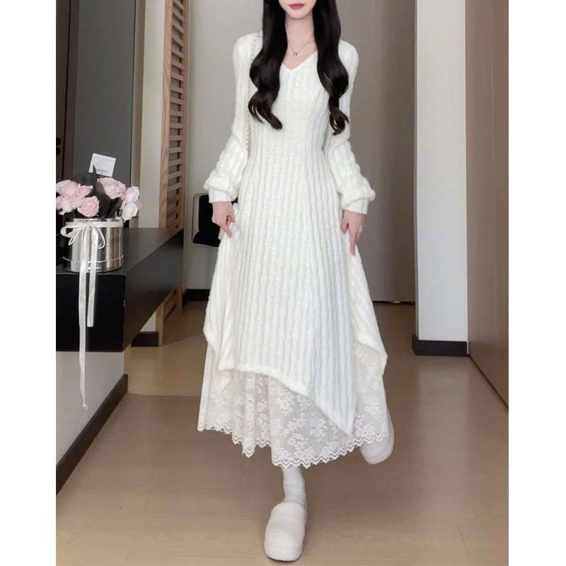 大人かわいい服 ふんわり袖 レースデザインワンピ