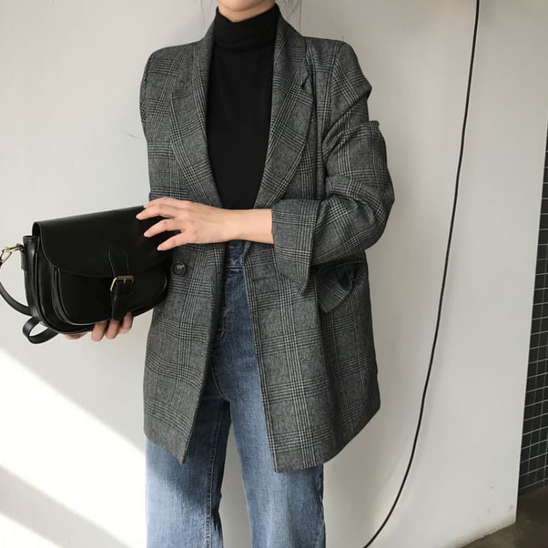 大人かわいい服 グレンチェック柄ダブルボタンロング丈テーラードジャケット