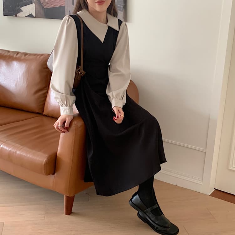 大人かわいい服 フレンチスタイル 配色襟レイヤード風ワンピース