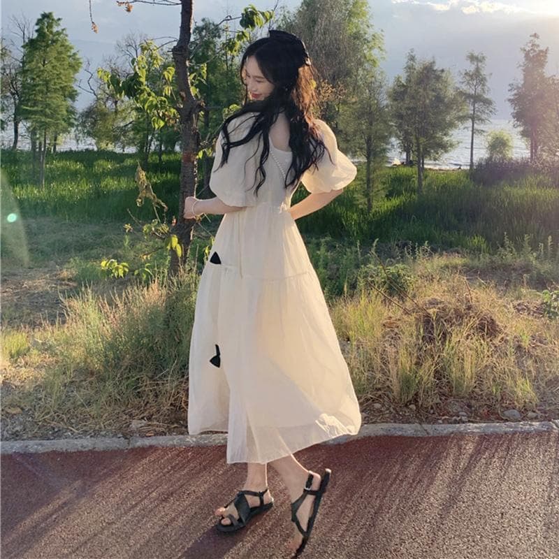 大人かわいい服 森ガールチュールワンピース リボン装飾
